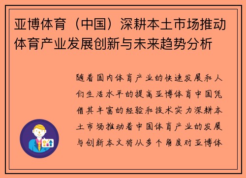 亚博体育（中国）深耕本土市场推动体育产业发展创新与未来趋势分析